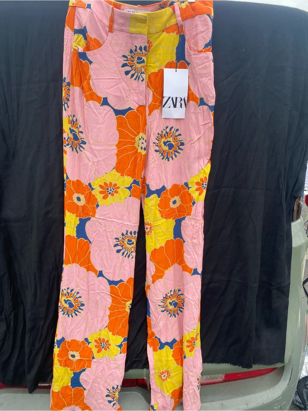 ZARA Pink Floral Wide-Leg Pants with Orange & Yellow Blooms